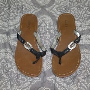 GUESS Black and Brown Sandals with Silver Accent